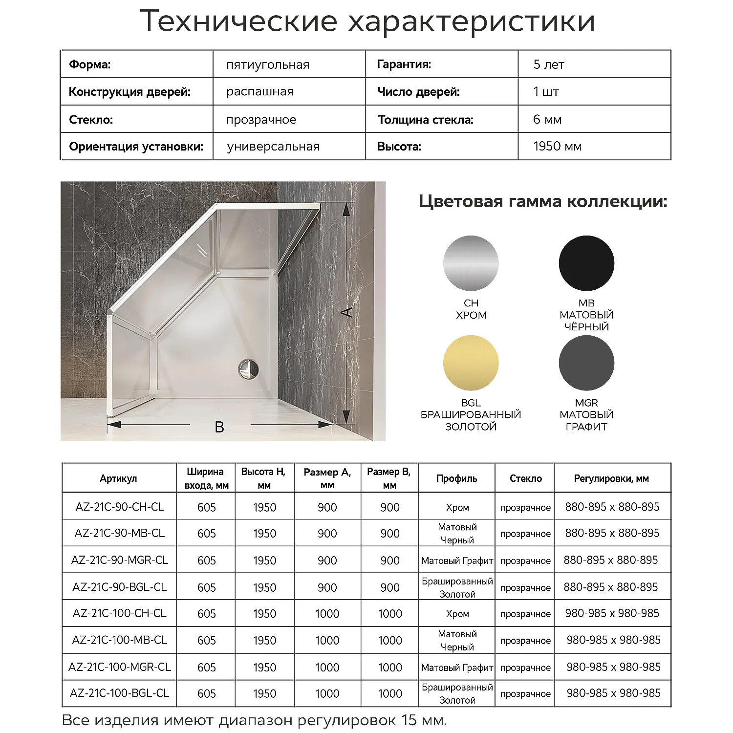 Душевой уголок Azario Сакура 100х100 профиль черный матовый, стекло прозрачное AZ-21C-100-MB-CL Душевой уголок Azario Сакура 100х100 профиль черный матовый, стекло прозрачное AZ-21C-100-MB-CL — изображение 10